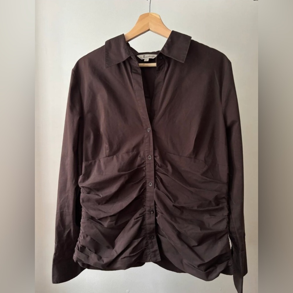 Y2K Brown Rusched Cotton Blouse | Vintage Cinching Blouse